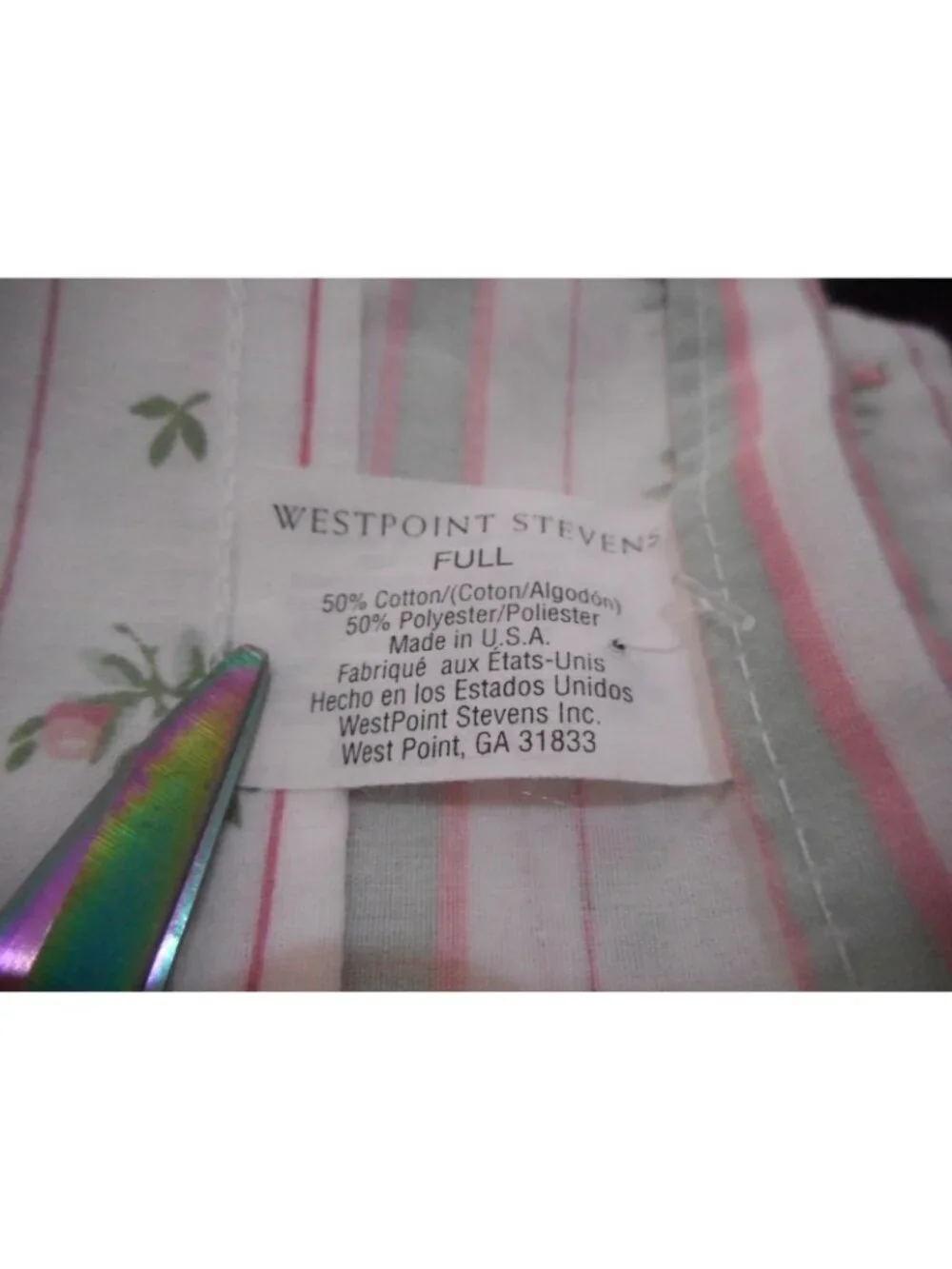 1980s Westpoint Stevens Full Flat Sheet cotton/poly Floral pink green stripe